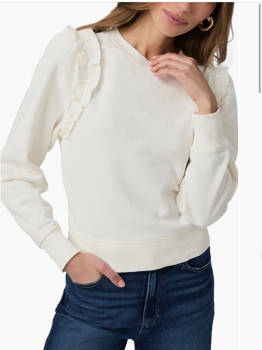 PAIGE Alfirs Ruffle Accent Cotton Sweatshirt in Ivory Sz M